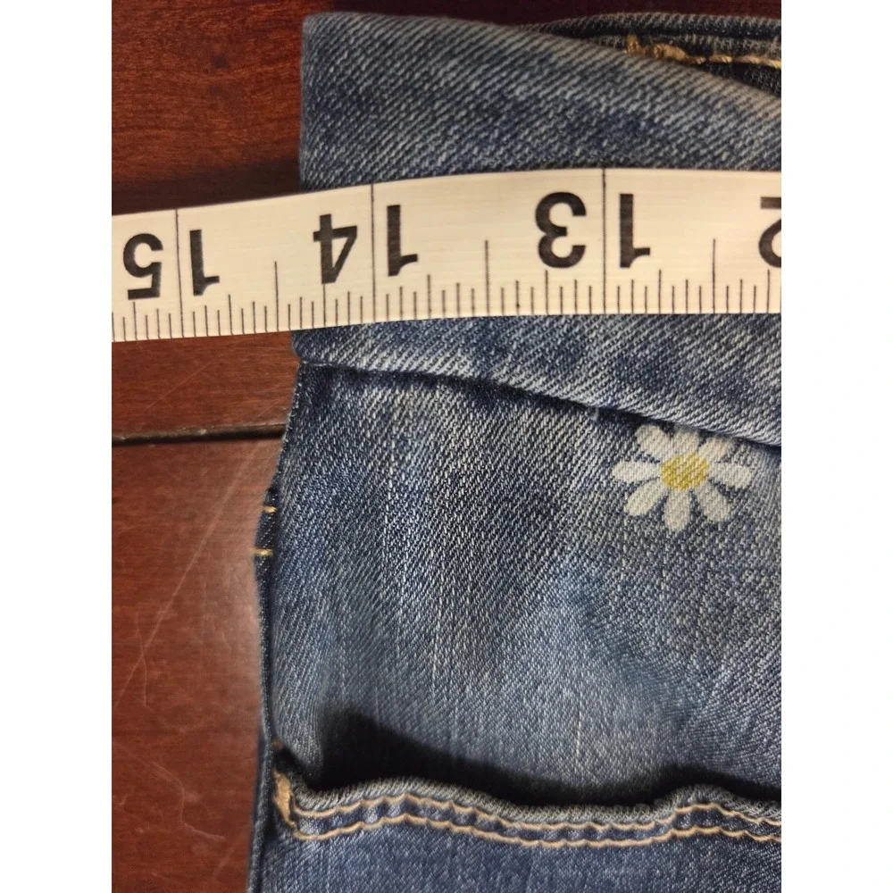 No Boundaries Womens Daisy Floral Print Skinny Jeans Medium Wash Raw Hem Size 9